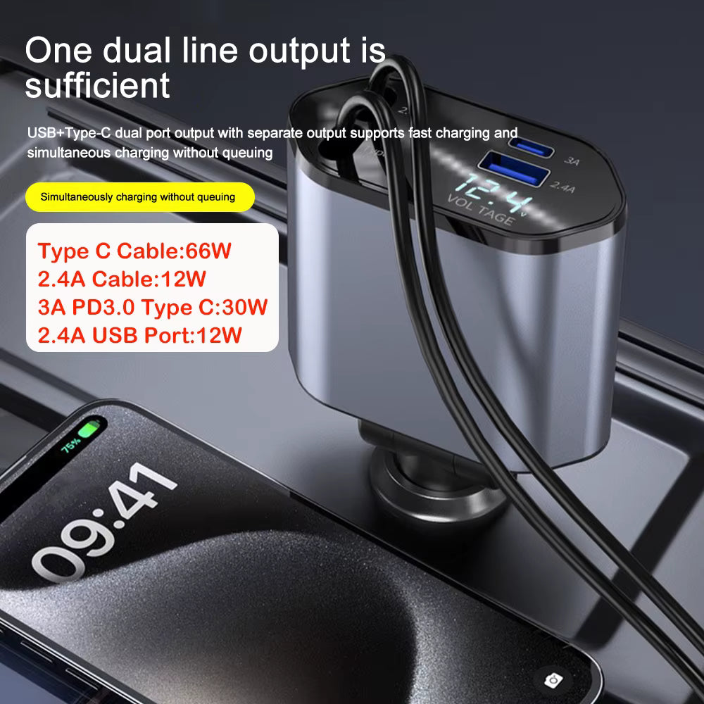Ryvano™ Retractable 4-in-1 Fast Car Charger (Mess-Free)